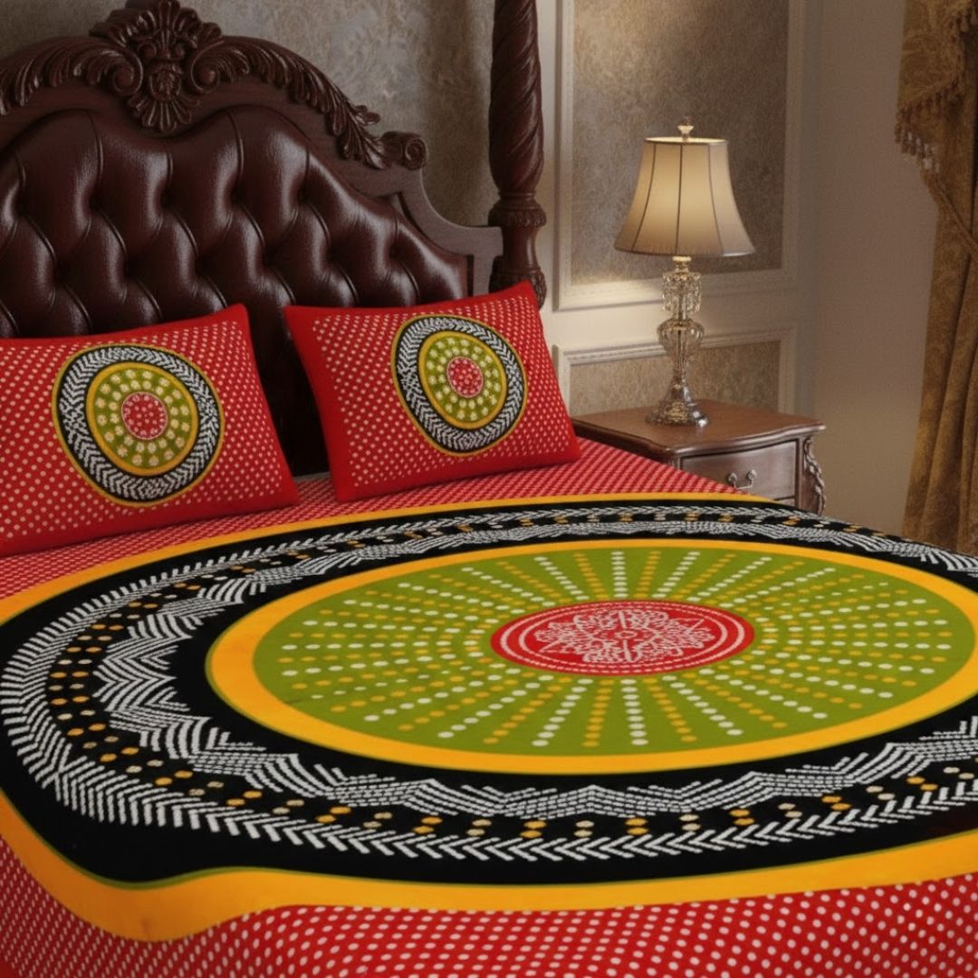 Double Bedsheet Red Green With Round Shape Bandhej Print